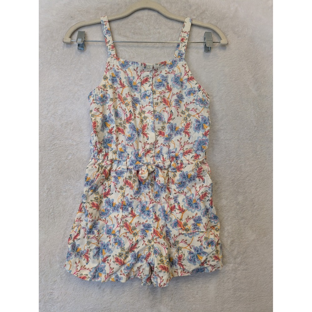 Old Navy Romper Girl's L 10/12 Cream Floral Linen Blend Button Front Tie Waist